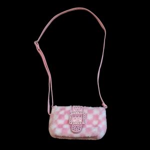 Miss Gwen's OMG Accessories Faux-Fur Pink White Checkerboard Crossbody Purse